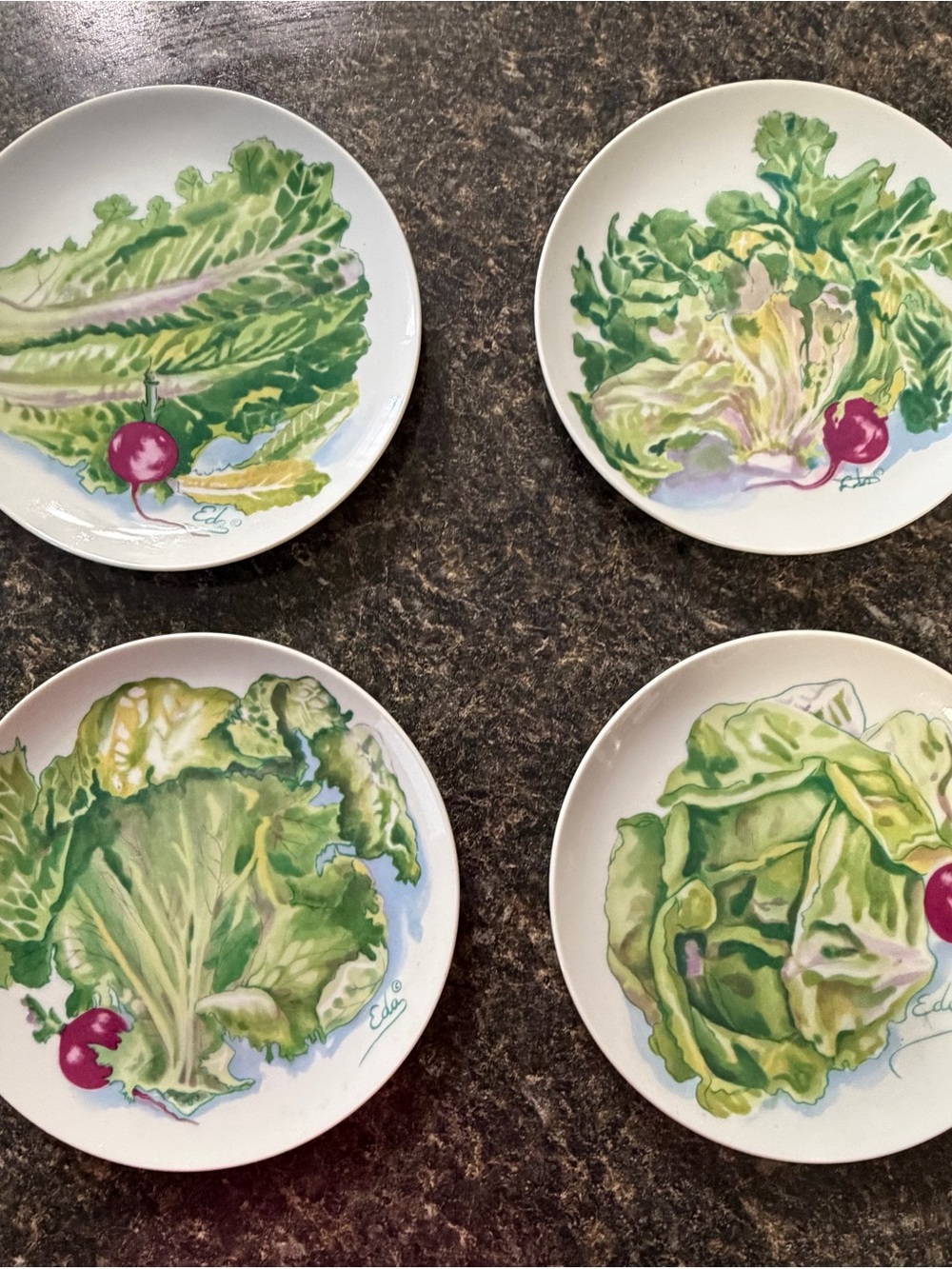 Vintage Green and Pink Vegetable Salad Plate Set